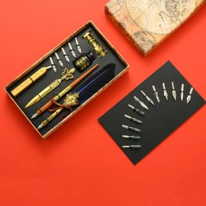 Pens Vintage Quill Feather Dip Pen Fountain Writing Ink 5 Nibs Seal Wax Gift Box Calligraphy Stationery School Supplies