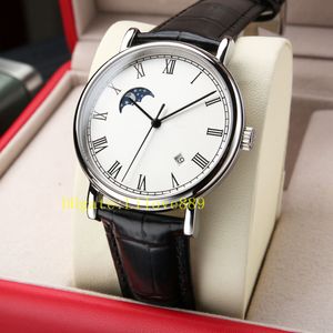 MMA 40mm Patrimony 85180 Men Relógio automático 2450 Movimento Dial branco esporte 18k Rose Gold Watches Black Cowhide Leather Stra