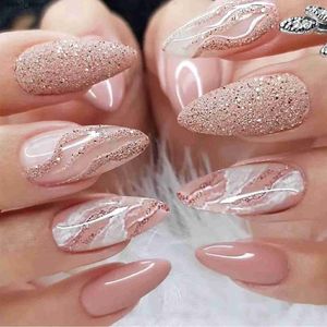 False Nails 24pcs Glitter Sequins Printed Fake Nails Sweet Shiny Fashion Pink Long Fake Nails for Women and Girl Nail Salon Manicure Tool Y240419 Y240419