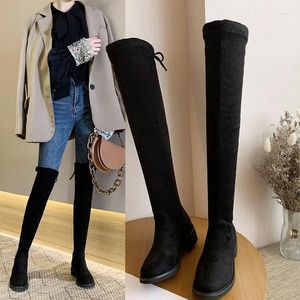 Casual Shoes 2024 Autumn/winter Long Boots Knee Length Thick Heel Elastic And Slimming Black Suede Student Low Large Size