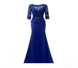 2018 Waishidress Royal Blue Lace Mermaid Mother of the Bride Dresses 1 2 maniche Crystal Madre dello sposo Abiti guaina Evening6562060