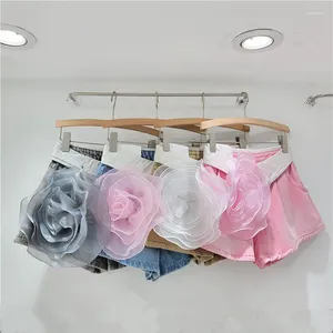 Women's Jeans Design Contrast Color Flanging Denim Shorts Women 2024 Summer Three-Dimensional Large Flower A- Line Loose Wide-Leg