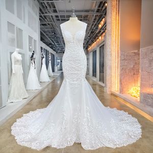 Assumi Lnyer smerlato al collo in pizzo su perle posteriori perle paillettes appliques eleganti abiti da sposa sirena vestido de noviia sereia