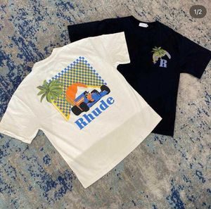 Rhude Summer Coconut Tree Racing High Street 레저 다목적 느슨한 둥근 목 부부 짧은 슬리브 티셔츠