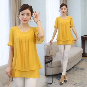 Frauenblusen T-Shirt Sommer mittleren Alters Frauen Lose Bluse Blouse Tops Frauen O-Neck Kragen Chiffon Hemd Blusas Rojas Mujer