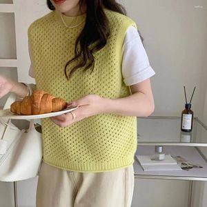 Damenwesten runde Nackenweste elegantes Strick -Tan -Top für Frauen im japanischen Stil für Frauen hohl gestrickt mit o locker Fit Summer Mode