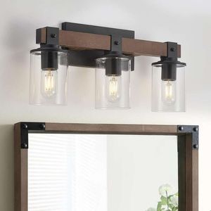 6-Light Wood Vanity Light 40.5 inch Farmhouse Bathroom Metal Wall Sconce with Cylinder Clear Glass Shade Industrial Wall Light Fixtures for Hallway Kitchen