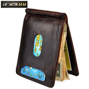 Klipp äkta läder Men Magnetic Money Clip Gift Wallet Card Photo Holder Case Design Front Pocket Wallet Mini Purse Male 1098C