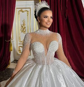 Classic Wedding Dress Long Sleeves High Neck Hand Made Pearls Bridal Princess Ball Gown Chapel Trian Vestido De Novia Casamento Customed