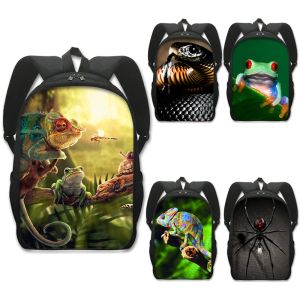 Backpacks Reptiles Pet Frog Chameleon Snak Spider Print Backpack Women Men Shoulder Bags for Travel Children School Bags Kids Book Bag