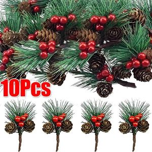 Decorative Flowers 10PCS Christmas Artificial Pine Cone With Holly Branches For DIY Wreath Decors Xmas Party Home Decor Hanging Pendant