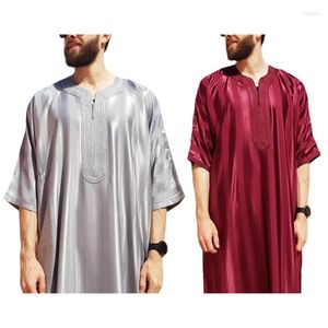 Ethnic Clothing Mens Long Sleeve Kaftan Arab Robe Stand Collar Muslim Crew Neck Islamic