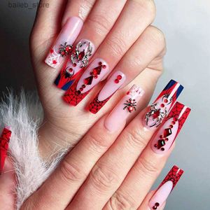 False Nails 24pcs 3D Spider False Nails Red French Balletcore Press on Nails Copertura completa indossabile per donne europee tapotti falsi falsi y240419nor7