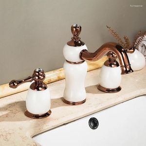 Rubinetti del lavandino da bagno in ottone rosa in oro rosa naturale giada ad alto rubinetto bacino art bacino mixer tocca tre fori rubinetto di gabinetto-SM540