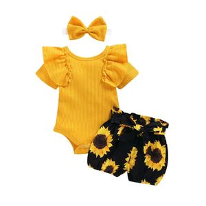 Bebek Yaz Giyim Kız Çiçek Giysileri Çocuklar Kısa Kollu Romper Born Tulum Geri Kilitli Ayçiçeği Tutu Şort 3 PCS Kıyafetler Set 240409