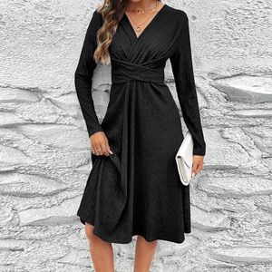 Casual Dresses Fashion Solid Color Simple Holiday Dress Women V Neck Long Sleeve Elegant Cross Pleated High Waist Mini Party