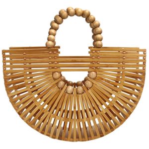 Hinkar halvcirkel bambu vävd handväska ihålig bambu utomhuskoppling ut strandväska för kvinnor trä pärla handtag lyxhandväska handväska