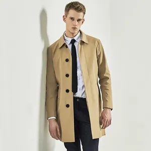 Men's Trench Coats Single Breasted Coat For Men Medium-Long Khaki Slim Fit Monochrome Spring And Autumn S-3XL