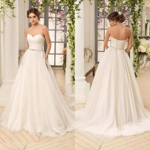 Elegant Long Sweetheart Tulle Wedding Dresses With Sash A-Line Lace Ivory Vestido De Noiva Pleated Sweep Train Bridal Gowns for Women