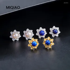 Stud Earrings MIQIAO S925 Silver Lapis Lazuli For Women Ethnic Style Flower Jewelry Design Ins Tidy Freshwater Pearl Lotus