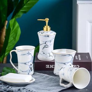 Badtillbehör Set Nordic Ceramics Marble Stripes Wash Liquid Soap Bottle Dish Mouth Cup Tandborste Hållare Badrum Fem bit