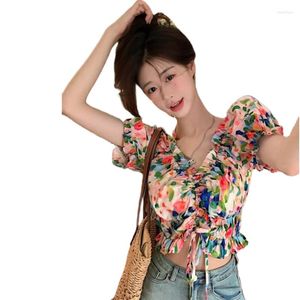 Women's Blouses Summer Feminine Cotton Lotus Collar Tops Sweet Off Shoulder Korean Style Vintage Printed Chic High Street Seaside