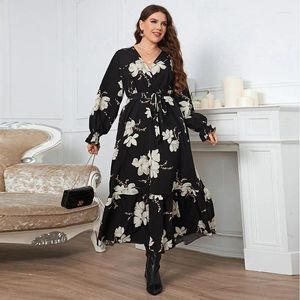 Casual Dresses Elegant Women Dress 4XL Plus Office Lady Floral Print With Slash 2024 Spring Autumn Long Sleeve Female Vestido