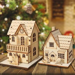 Christmas Decorations LED Glowing Wooden House Decoration Deer Tree Craft Desktop Ornament Miniature Year Gift