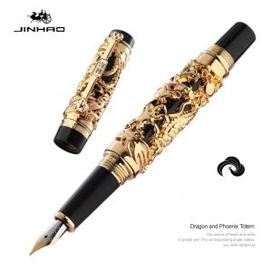 Penne Luxury Jinhao 3D Dragon Relief e Phoenix Golden Fountain Pen Pennello stazionario per uffici per uffici per la scrittura