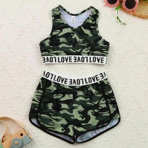 Roupas conjuntos de roupas de camuflagem de camuflagem esportiva de tração esportiva duas peças infantil infantis de balé de ginástica esportiva de roupas de tanques de tanques colheitas de fundo superior infantil