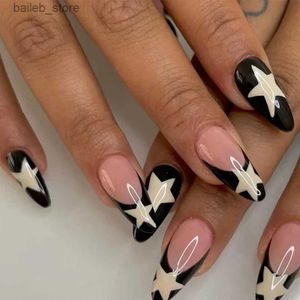 False Nails 24st Long Stiletto False Nail With Rhinestone Silver Star Design Fake Nails Wearable Almond Press On Nails Full Cover Nail Tips Y240419