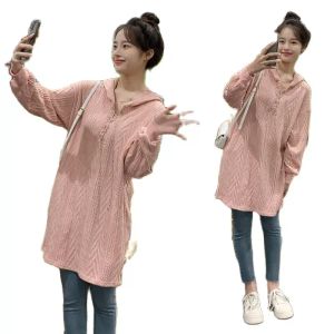 Sweaters Korean Style Winter Maternity Clothes Long Loose Hooded Sweater Plus Size Casual Pregnant Woman Hoodies Pregnancy Knitted Jacket