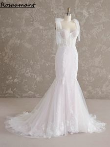 Real Image Spaghetti Straps Illusion Sequined Mermaid Wedding Dresses Ribbons Bow Appliques Lace Bridal Gowns