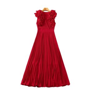 Spring Wine Red Solid Color Pleated Dress Sleeveless V-hals Ruffled Midi Casual Dresses S4M150315