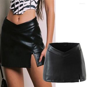 Skirts Retro PU Leather V Neck Low Waist Safety Pants Little Short Dress