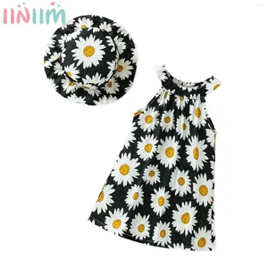 Kız Elbiseler Kız Bebek Yaz Bohemian Elbise Kolsuz Yular Çiçek Baskı Sundress Sunhat ile Sunhat Set Günlük Tatil Günlük Giyim