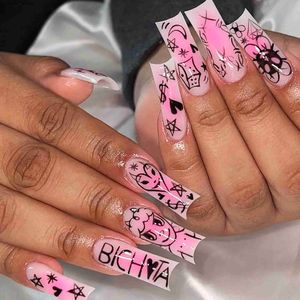 Falska naglar 24st Long Pink Fake Nail Patch Love Moon Pattern False Nails Full Cover Wear Square Head Press On Nails Gifts For Girls Women Y240419 Y240419