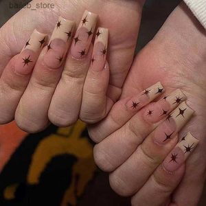 False Nails 24Pcs Long Simple French Glitter Star False Nails Detachable Fingernails Wearable Coffin Fake Nails Press on Full Cover Nail Tip Y240419JIUT