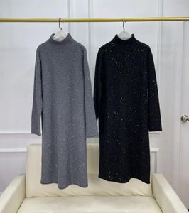 Casual Dresses Cashmere High Quality Sequins Turtleneck Sticked Women Solid Sweater Dress