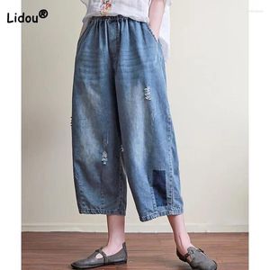 Kadınlar Kot Moda Yama Tasarımları Vintage Elastik Bel 2024 Yaz Kıyafetleri Gevşek All Maç Cepleri Denim Capri Pantolon