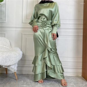 Ethnic Clothing 2 Pieces Set Women Stain Long Sleeve Tops Bodycon Skirt Ruffles Dubai Turkey Kaftan Muslim Dress Outfits Abaya Gown Ramadan