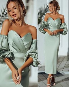 New Designer Sage Evening Dress 2024 Sweetheart Pleats Short Puff Sleeves Tea Length Formal Birthday Party Gowns Prom Dresses Robe De Soiree