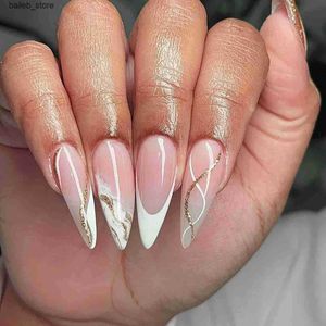 False Nails 24pcs White French mandorle False chiodi semplici con strass indossabili unghie false professionale Copertina piena Pressa su unghie Punta Art Y240419 Y240419