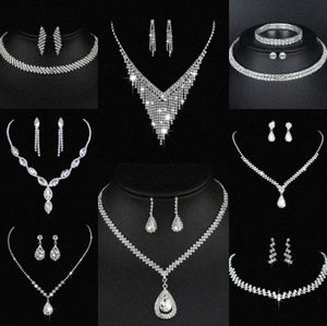 Värdebelt lab diamantsmycken Set Sterling Silver Wedding Halsbandörhängen för kvinnor Bridal Engagement Smycken Gift R6K4#