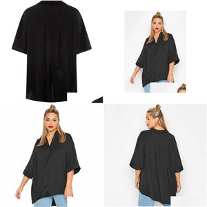 Womens Plus Size T-Shirt V-Neck Spring Autumn Elegant Hi Low Blouse Women Loose 3/4 Sleeve Black Tunic Tops Large And Shirt 6X E3Pn Dr Otxg1