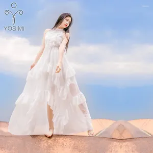 Abiti casual Yosimi 2024 Summer Fairy Women Long Dress Maxi Elegante Elegante Chiffon Vintage Ruffles Stand-Neck Beach Evening Party Tunic White White