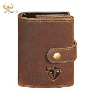 Plånböcker RFID bästa kvalitet Crazy Horse Leather Gift Small Slim Card Box Airtag Holder Cash Mini Handy Snap Wallet Purse för män Male 1685