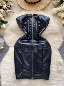 Casual Dresses SINGREINY PU Zipper Strapless Dress Women Leather Backless Fashion Sexy Streetwear American Style Slim Fit Bodycon Club