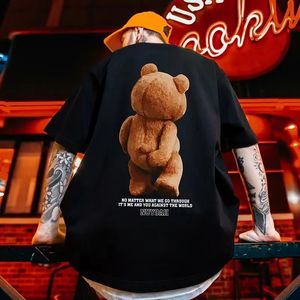 American Retro Spoof Divertido Qualidade de Urso Tamart Impresso Tshirt Mens Ins Trend Oversized Fashion 240419