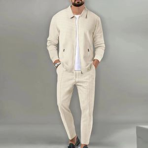 Spring Autumn Mens Two Piece Set Solid Waffle Zipper Pocket Turn-down Collar Slim Fit Cardigan Coat And Long Pants Mens Suits 240417